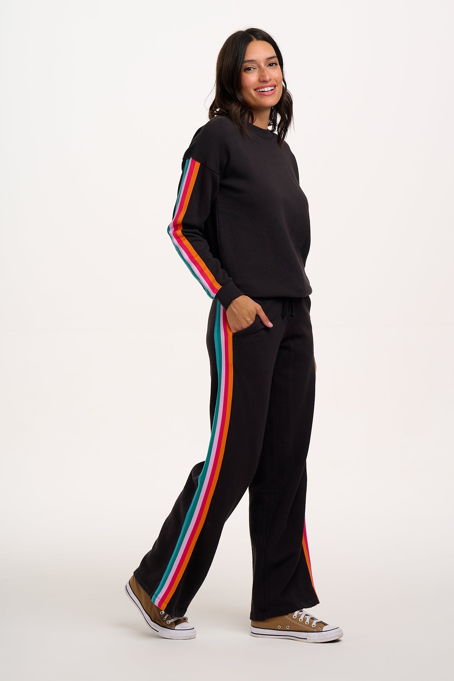 Laina Track Pants - Washed Black, Rainbow Trim