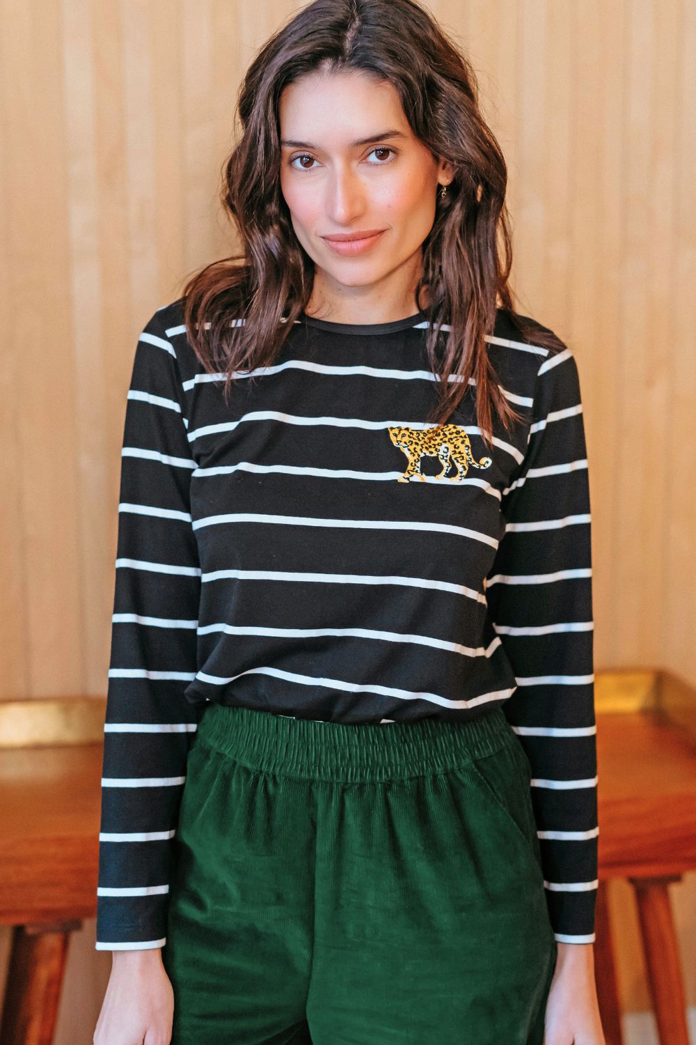 Josie Jersey Top - Black/White, Stripe Leopard
