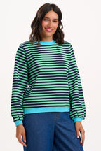 Mindy Blouson Sleeve Sweatshirt - Navy/Green, Stripe Contrast Rib
