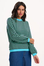 Mindy Blouson Sleeve Sweatshirt - Navy/Green, Stripe Contrast Rib