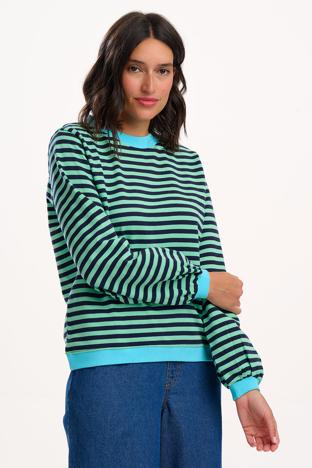Mindy Blouson Sleeve Sweatshirt - Navy/Green, Stripe Contrast Rib