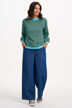 Mindy Blouson Sleeve Sweatshirt - Navy/Green, Stripe Contrast Rib