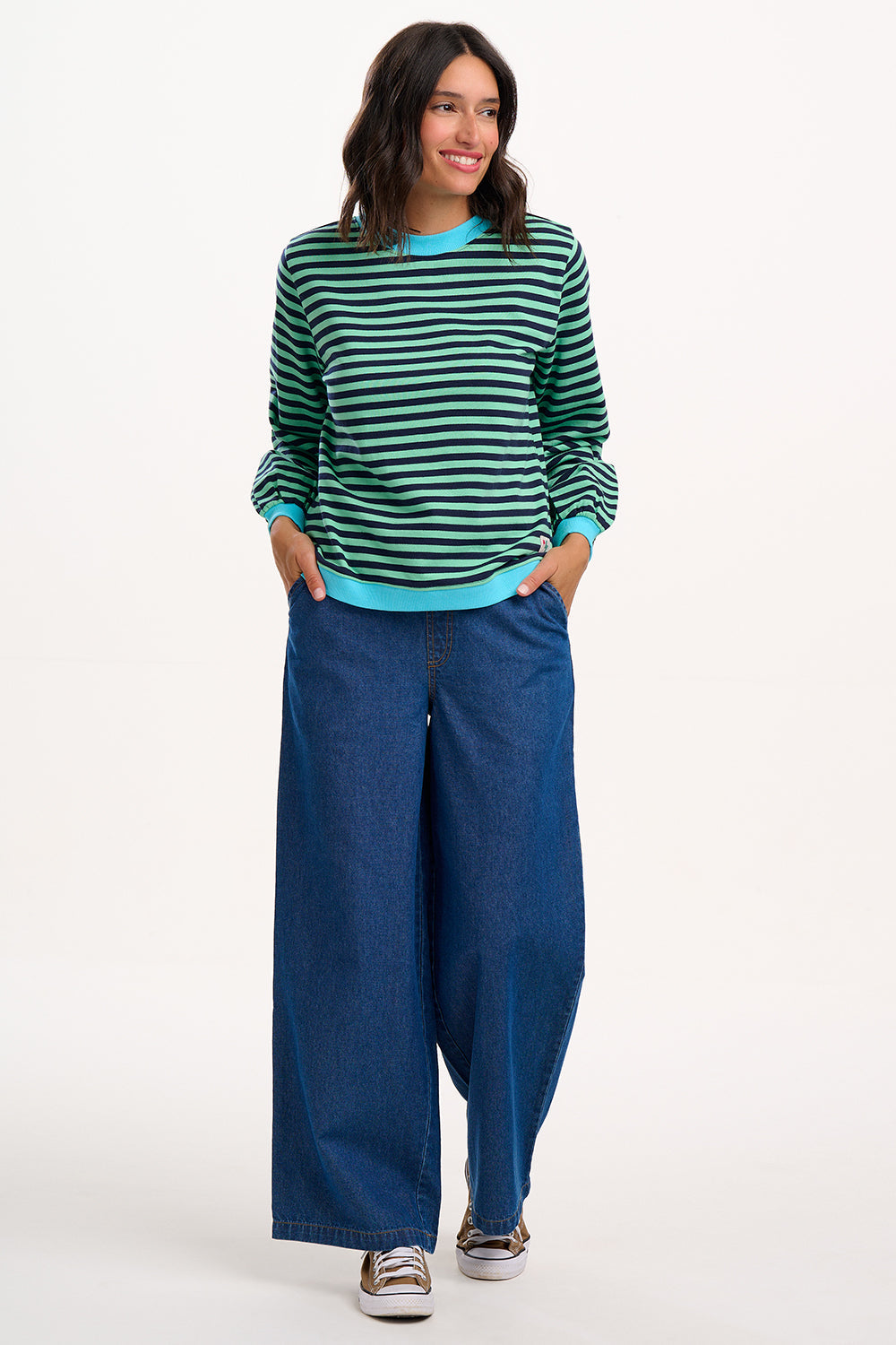 Mindy Blouson Sleeve Sweatshirt - Navy/Green, Stripe Contrast Rib