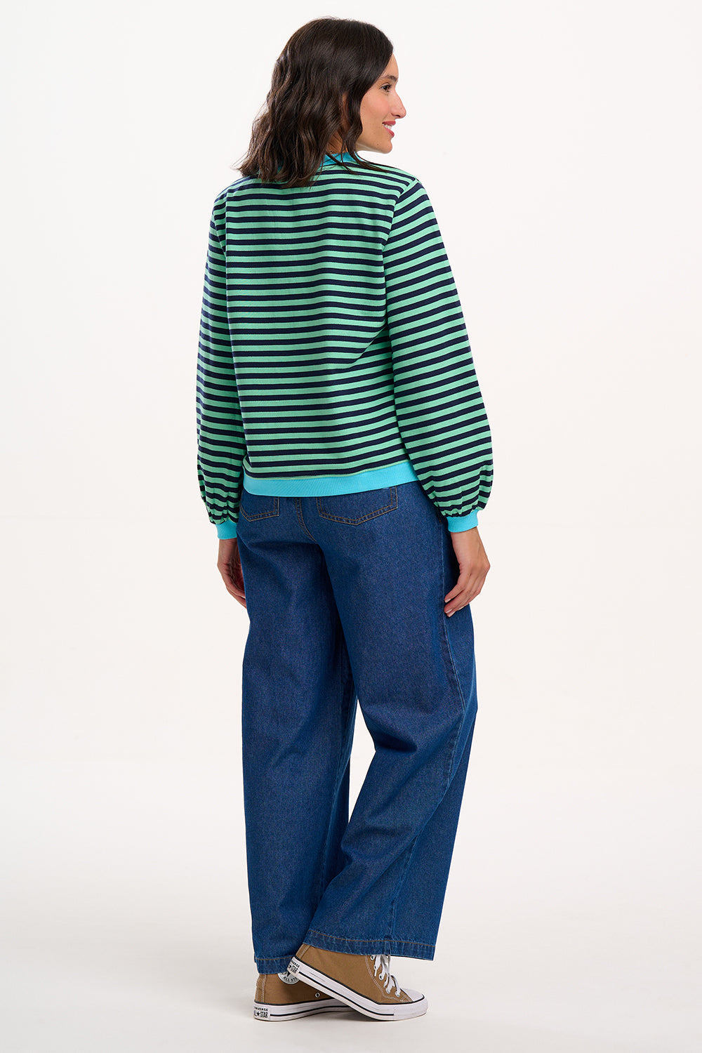 Mindy Blouson Sleeve Sweatshirt - Navy/Green, Stripe Contrast Rib