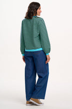 Mindy Blouson Sleeve Sweatshirt - Navy/Green, Stripe Contrast Rib